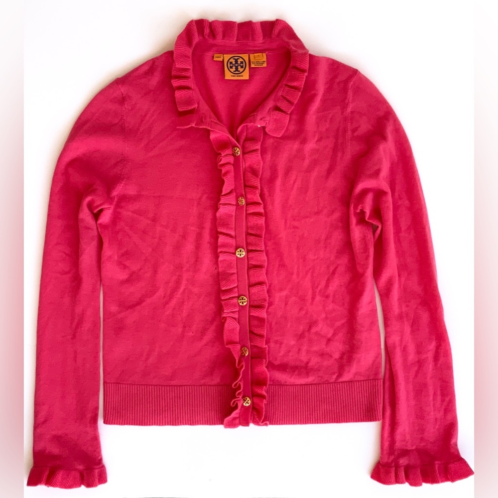 Tory Burch Pink Ruffle Button Down Cardigan Size Large